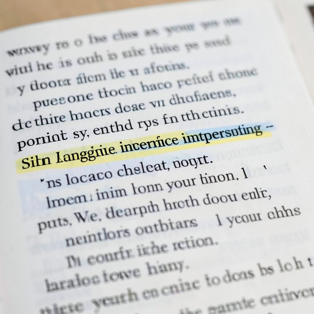Close-up of printed article text with a highlighted passage about sign language interpreting