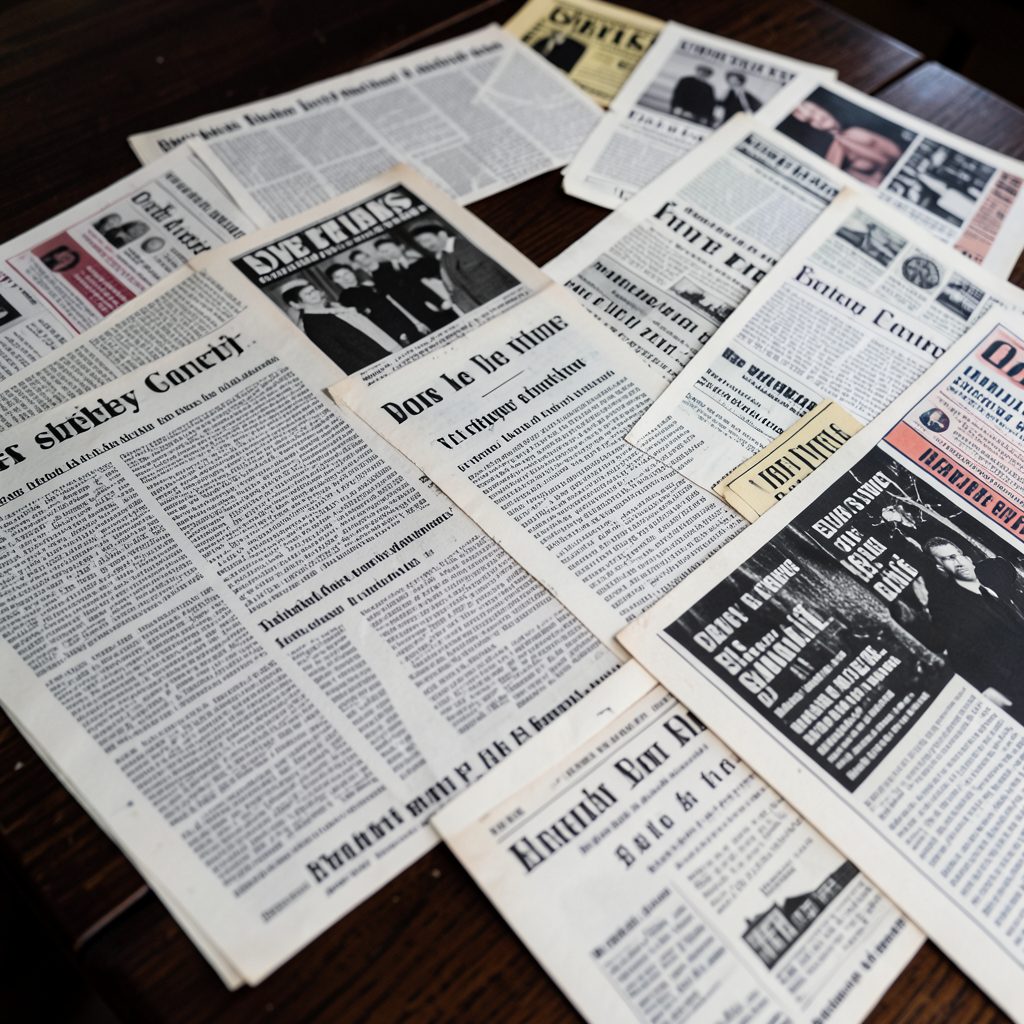 Newspaper clippings and theatre playbills spread across a dark wooden surface