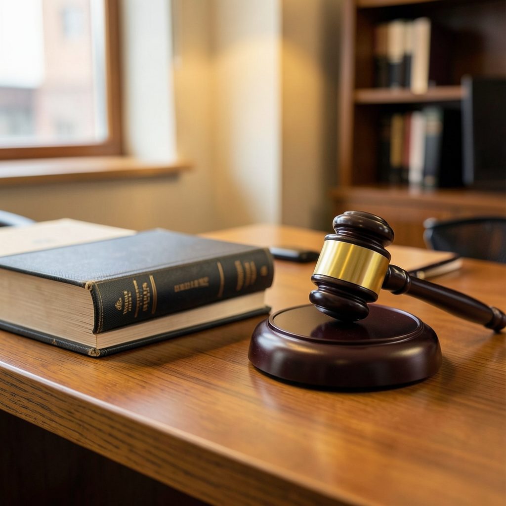 Legal books and a gavel on a wooden desk in warm office light