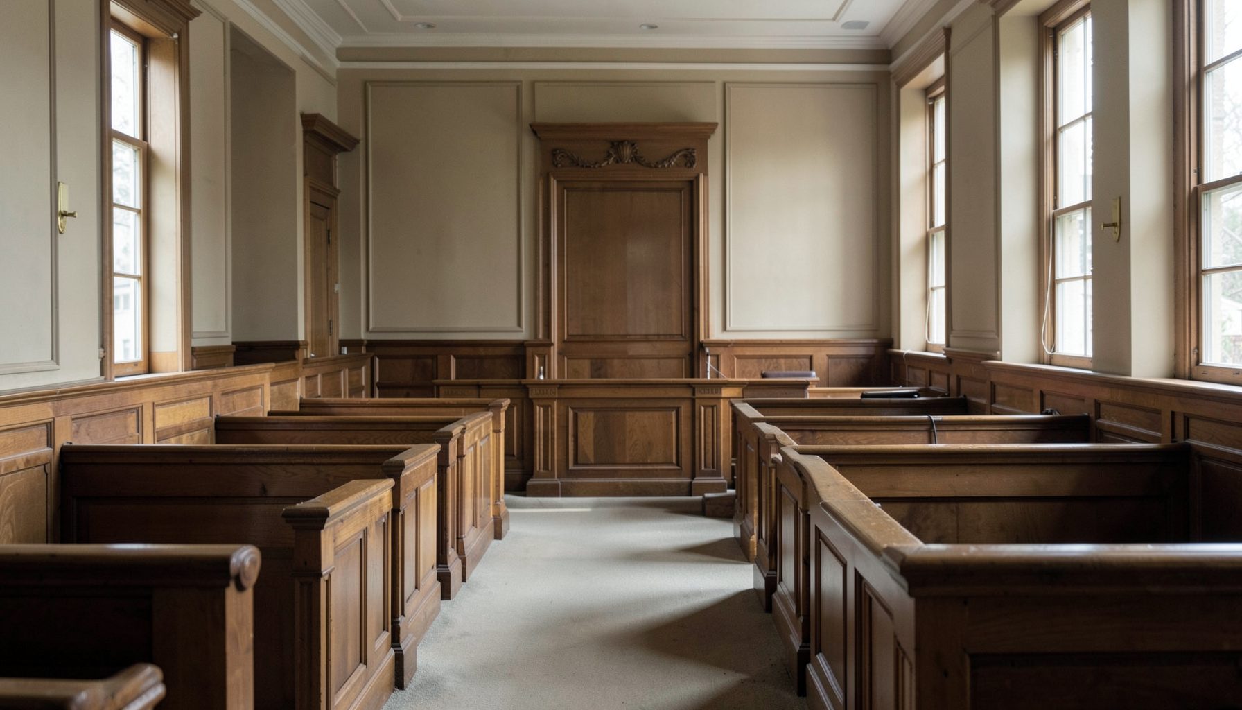 Formal courtroom interior with wooden benches and soft natural light, neutral and dignified atmosphere